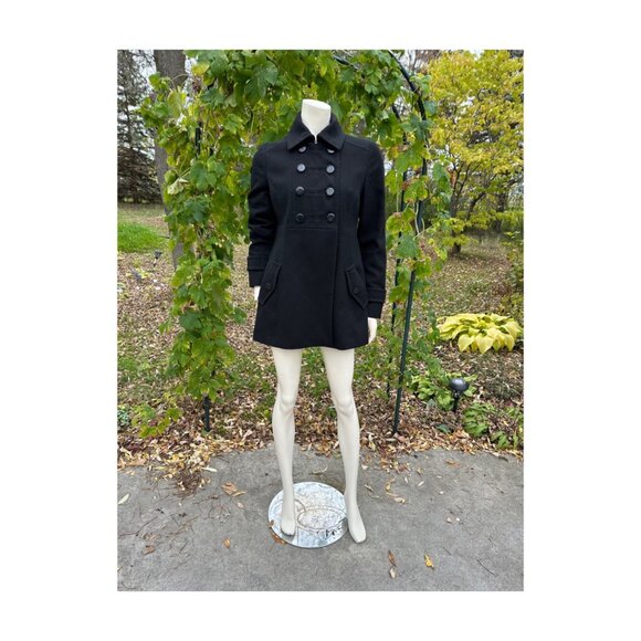 Vtg Esprit Belt Back Pea Coat Military Style Collared Sz 6 - Picture 2 of 16